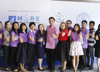 Mayor Itthiphol Kunplome (center) and local officials announce the Pattaya Tourism Package initiative allowing tourists to book package tours online based on the themes of “More Nature”, “More Color”, “More Business”, and “More Life”.