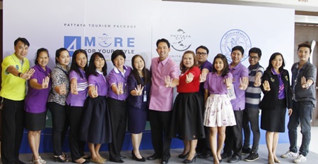 Mayor Itthiphol Kunplome (center) and local officials announce the Pattaya Tourism Package initiative allowing tourists to book package tours online based on the themes of “More Nature”, “More Color”, “More Business”, and “More Life”.