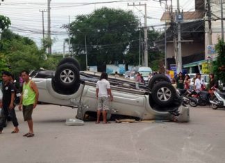Pol. Sen. Sgt. Maj. Kittisak Yokanitch and his wife suffered minor injuries when he dozed off behind the wheel and crashed his pickup into two other vehicles.