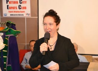 Mara Swankey, president of Pattaya Players, speaks on the history of the group and describes to her PCEC audience what goes into producing a stage show.