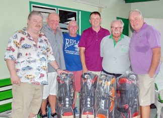 ‘Papa’ Ray annual golf tournament bows out in style The winning team, Alan Duffs, Colin Simpson, Phil Laurie and Kevin Macintosh with Gary Rogers (left) and Dave Richardson (2nd right).