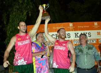 Representatives of Southerners Gold hoist the Cup after winning the 2015 Chris Kays Memorial Rugby Tournament.