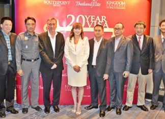 Nigel Cornick(3rd left), CEO of Kingdom Property, poses with dignitaries and officials at the announcement of the new Southpoint 20-year visa promotion during a press conference held at the Holiday Inn Pattaya, Wednesday, June 10.
