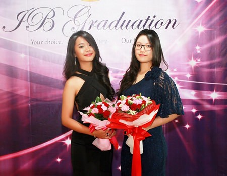 Former Prefects Pam and Sarah look radiant at their IB evening.