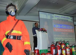 Pattaya’s Disaster Prevention and Mitigation Office Chief Surapol Sawadvichien teaches basic fire safety at the Royal Cliff.