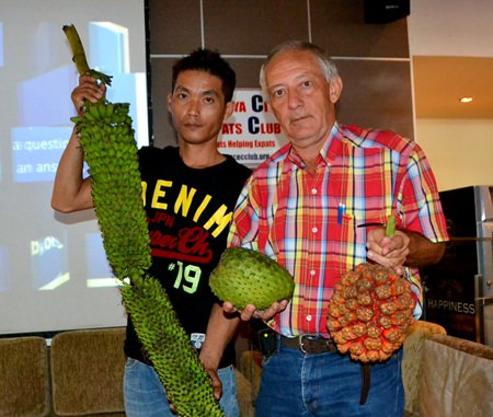 With the help of his assistant, Hans Fritschi shows his PCEC audience the French Banana Stalk, the Soursop, which Hans prefers to call by its Brazilian name “graviola” and the screw pine, more commonly known as “pandanus.”