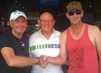 Phil Smedley congratulates John Hutt and Darren Stanton.