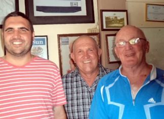 (Left to right) Peter McDonald, Deefa the Dog and Sal Brizzi, with Rocky Lawson taking a sneak peek.