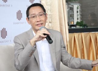 Chanin Vanijwongse, CEO of Habitat Five Co. Ltd., addresses the media at a press conference held Friday, July 17 to announce the new X2 Vibe Pattaya Seasphere condominium development.