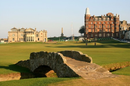 The Swilcan Burn Bridge joining the 1st and 18th fairways on the Old Course at St Andrews.