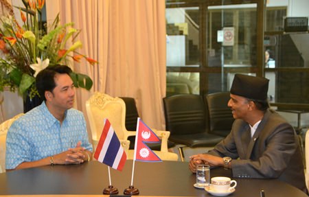 Nepal’s Ambassador to Thailand, HE K.N. Adhikari (right) meets with Mayor Itthiphol Kunplome to thank Pattaya’s administration for raising funds to aid victims of the devastating 7.8-magnitude earthquake the country suffered on April 25.