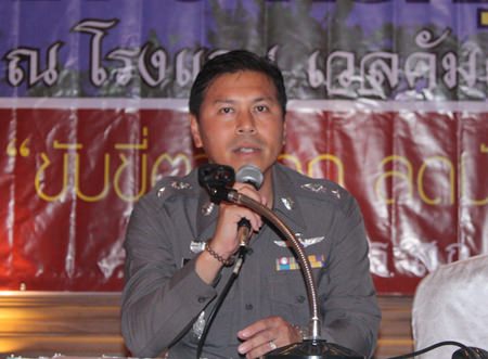 Pol. Maj. Pawatchai Sudsakorn, deputy commander of the Prevention and Suppression Department announces the “we arrest because we love, we fine because we care” campaign.