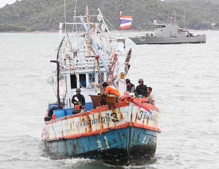 The Sinsuwannaree 3 is brought back into port under armed guard for leaving port without a Vessel Monitoring System.