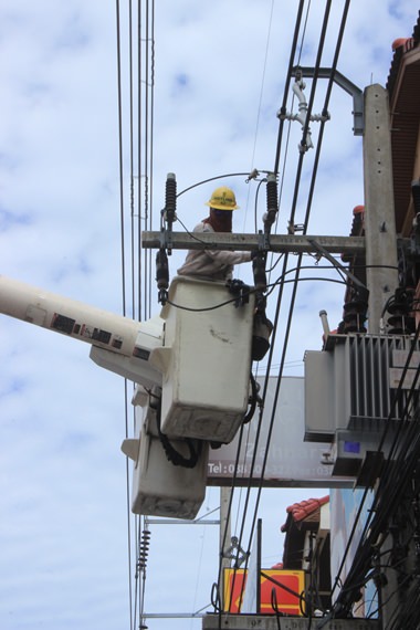 Workers install cover guards to prevent power outages and expensive transformer shorts.
