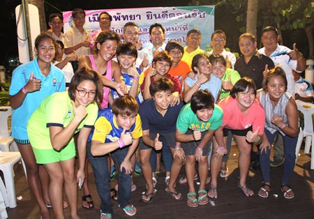Pattaya Mayor Itthiphol Kunplome (standing rear-centre) poses with the Thai women’s national water polo team, winners of the gold medal at the 2015 SEA Games in Singapore.