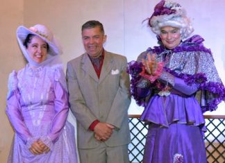 Paul Stachan as ‘Earnest’ (centre) poses with Mara Swankey playing Gwendoline and Alan Blackwood as Lady Bracknell, all characters in Oscar Wilde’s ‘The Importance of being Earnest’.