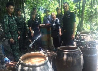 Government and military authorities raided three Huay Yai locations and seized 2,280 liters of illegal liquor, 70 percent alcohol by volume and scheduled to be used in herbal-spiced drinks.