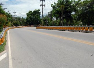 Pattaya city councilman Sanit Boonmachai said the orange bumpers installed last month along the winding road leading up to the Pratamnak viewpoint - as well as three other areas - were not installed correctly, and did not improve road safety.