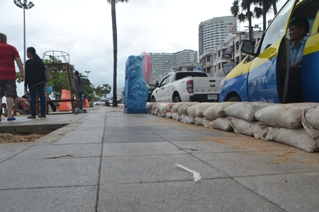 Sand bags couldn’t deal with the massive amount of water on Jomtien Beach Road.