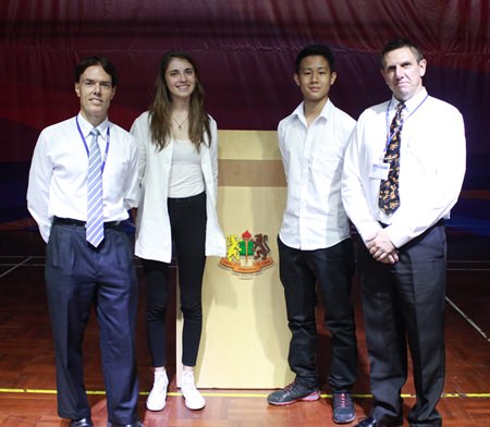 Head Girl Berenice and Head Boy Gear with IB Coordinator Mr Fraser (left) and GIS Principal Dr Stuart Tasker (right).