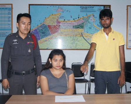 Ladyboy Jakree Sawatnathee (seated) was caught in the act of snatching a gold necklace from Indian tourist Srikanth Jayprakash.