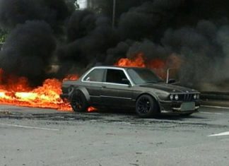 Russian amateur drift racer Mikhail Oleinikov managed to escape his burning car relatively unscathed, but the car was a total loss.