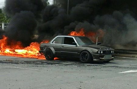 Russian amateur drift racer Mikhail Oleinikov managed to escape his burning car relatively unscathed, but the car was a total loss.