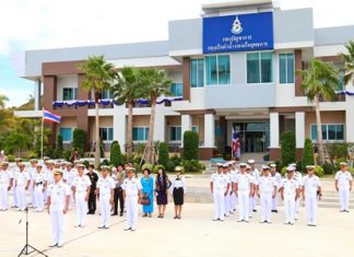 Vice Adm. Pijarn Teeranate, commander of the Navy Battle Squadron, leads officers and relatives of the first Thai submariners in a ceremony to celebrate Submarine Day in Thailand.