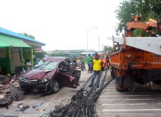Witnesses report that a car driven by Narit Angsila was speeding when it struck a motorbike and took out a power pole. The motorcycle driver was killed in the accident.