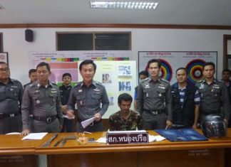 Pai Absarum (seated) has been charged with at least 6 different crimes he allegedly committed during his methamphetamine-fueled crime spree in Pattaya.