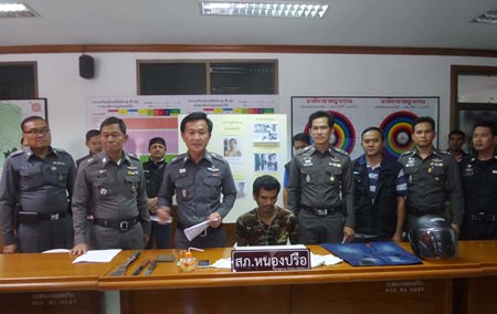 Pai Absarum (seated) has been charged with at least 6 different crimes he allegedly committed during his methamphetamine-fueled crime spree in Pattaya.