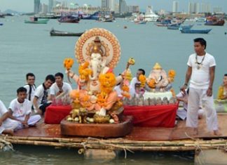 At last year’s event, worshipper prepare to immerse Ganesha images made of Plaster of Paris into the sea, symbolizing a ritual send-off of the Lord in his journey towards his abode in Kailash while taking away with him the misfortunes of his devotees.