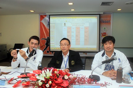 Sanpetch Supabawornsatien, President of Thai Hotels Association Eastern Chapter, accompanies Ittiwat Wattanasartsathorn, Member of Pattaya City, and Pisut Ku, Chairman of Operations Committee of Thai Hotels Association Eastern Chapter, at a press conference to announce the 2015 combined THA sports tournament.