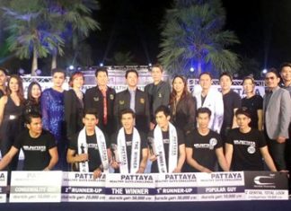 Winners of the Pattaya Healthy Guy Challenge contest pose on stage with Pattaya Mayor Ittipol Khunpleum and other dignitaries at Central Festival Pattaya Beach, Saturday, August 29.