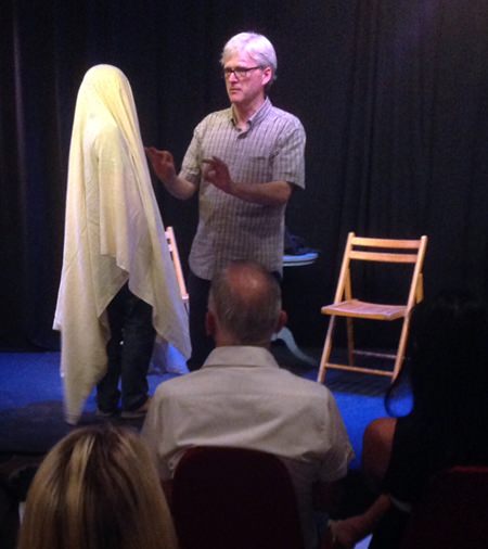 Daniel Foley interacts with a shockingly realistic ghost at Ben’s Theatre in Jomtien. (Photo/Ben Hansen)