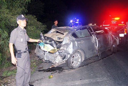 One man was killed and two others injured when their car drove off a Highway 331 embankment in Huay Yai.