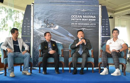 (L to R) Ocean Property Managing Director Teerachai Phipitsupol, Pattaya City Councilor Itiwat Wattanasartsathorn, TCEB Director Noparat Metawikulchai, and Dr. Nataklit Tiewpai-ngam, an experienced senior in the yachting business, announce the upcoming boat show.