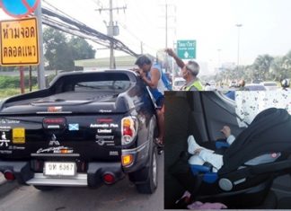Rescue experts had to be called after a Pattaya mother locked her small child (inset) in her car, then lost the keys.