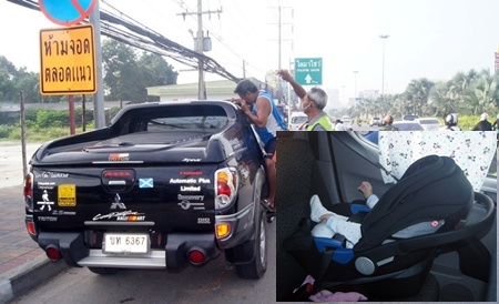 Rescue experts had to be called after a Pattaya mother locked her small child (inset) in her car, then lost the keys.