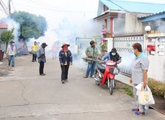 Health workers spray a local neighborhood to help eradicate mosquitoes, with the aim of preventing dengue fever.