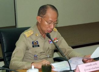 Chonburi Gov. Khomsan Ekachai reviews plans to battle the drought crisis during a video conference hosted by the Interior Ministry.
