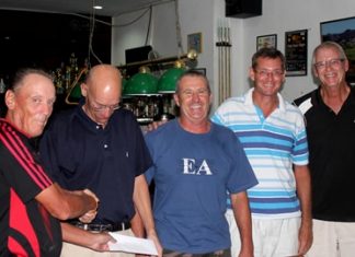 (From left) PGS Club Capt. David Thomas congratulates scramble winners Gerner Lykke, Mick O’Donnell, Jesper Hansen & Brian Tully.