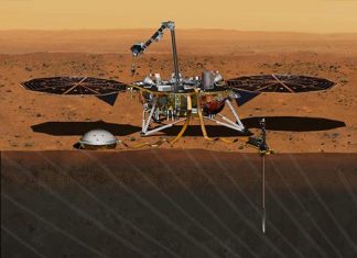 This August 2015 artist’s rendering provided by NASA/JPL-Caltech depicts the InSight Mars lander studying the interior of Mars. The spacecraft, which is scheduled to launch for Mars in March 2016, has a leak that could delay the mission. On Thursday, Dec. 3, 2015, NASA said that the leak is in one of two prime science instruments. (NASA/JPL-Caltech via AP)