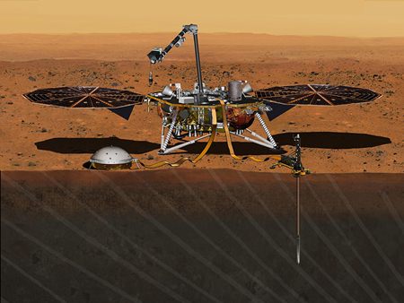 This August 2015 artist’s rendering provided by NASA/JPL-Caltech depicts the InSight Mars lander studying the interior of Mars. The spacecraft, which is scheduled to launch for Mars in March 2016, has a leak that could delay the mission. On Thursday, Dec. 3, 2015, NASA said that the leak is in one of two prime science instruments. (NASA/JPL-Caltech via AP)
