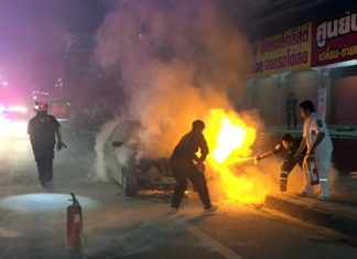 No one was hurt when Wasa Lucksameekarn’s LPG-powered Mercedes-Benz went up in flames on Sukhumvit Road.