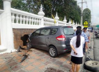 After careening off a pickup truck in an accident that killed a monk, the Suzuki Ertlga G-X driven by Apaporn Boonyaem crashed into the Jittapawan College wall.