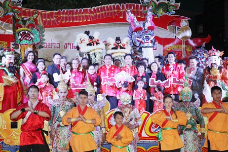 Former Culture Minister Sonthaya Kunplome (back row, center) leads a delegation of officials in announcing the final schedule for this year’s Pattaya Chinese New Year festival. A blast of firecrackers, spike in tourism and dances by lions and dragons will herald the start of the Year of the Monkey when Pattaya celebrates Chinese New Year Feb. 8. May good luck, good health and prosperity be with you throughout the coming year.