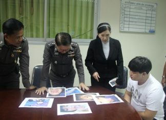 Human Security Minister Paveena Hongsakula (2nd right) was able to inspire police to arrest Saran Khampakdee (seated), son of a senior police officer, for physical abuse of his 7-year-old stepdaughter.