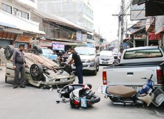 Chief Petty Officer 1st Class Sanchai Polchan suffered a minor head injury when a tire blew out on his Toyota, causing an accident involving three other vehicles.