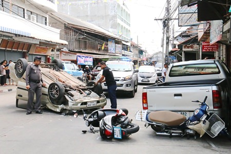 Chief Petty Officer 1st Class Sanchai Polchan suffered a minor head injury when a tire blew out on his Toyota, causing an accident involving three other vehicles.